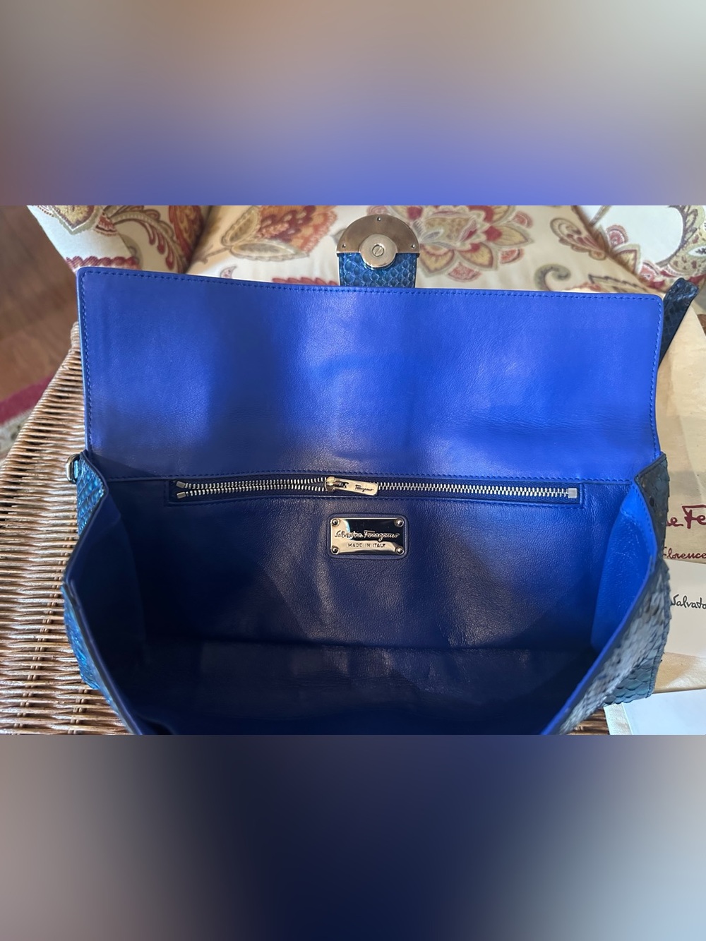 SALVATORE FERRAGAMO Exotic Blue Python Leather Clutch w/Gancini Motif Front Flap - Picture 7 of 9